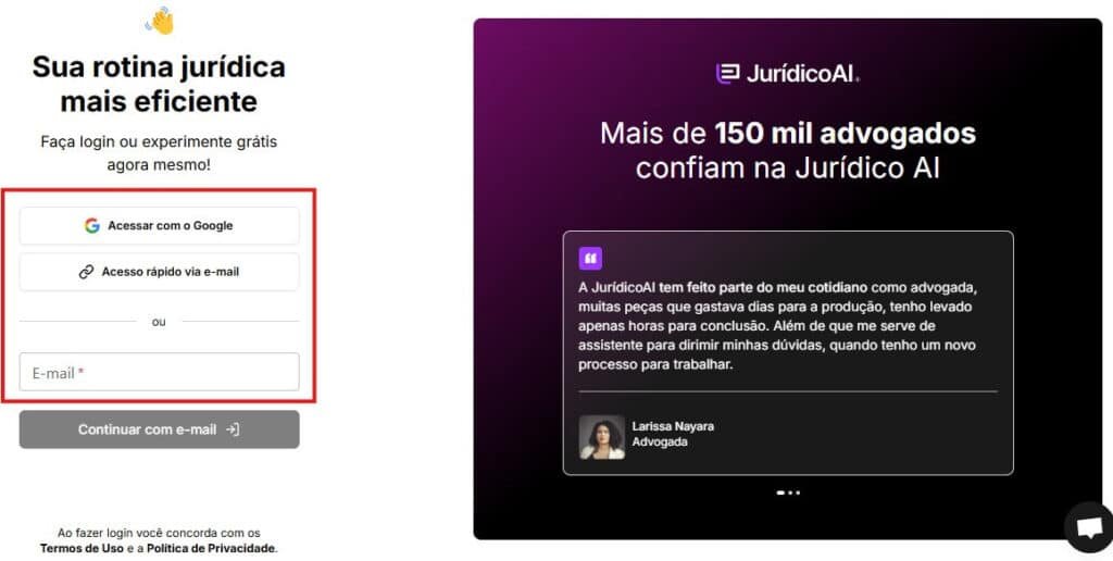 Tela de login e senha para plataforma juridico ai