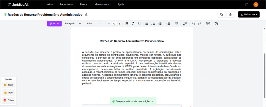 Recurso Administrativo feito por inteligência artificial da Jurídico AI